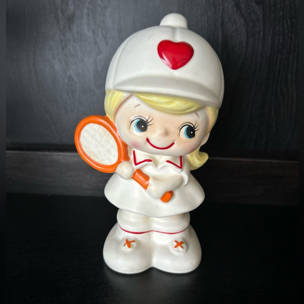 Vintage Ceramic Coin Bank‎ Girl Tennis Player figurine Heart Love Kitsch